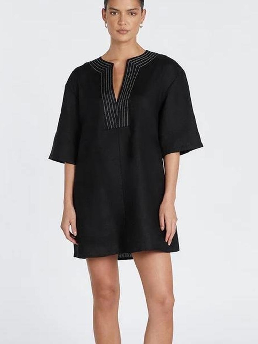 DISSH US 6 Nala 100% linen contrast neck stitch black short sleeve pocket dress